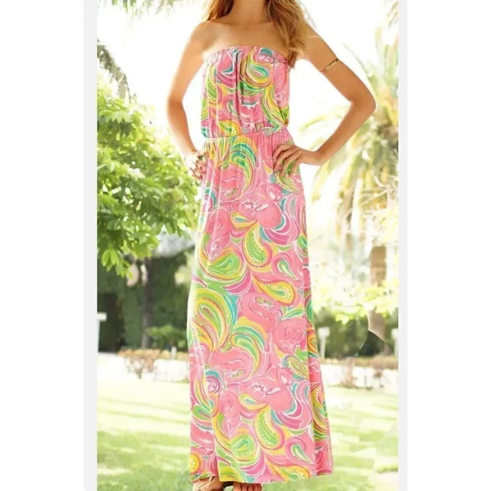 Lilly Pulitzer Marlisa All Nighter Print Slub Jersey Strapless Maxi Dress sz XS